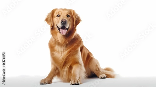 Obraz Golden Retriever dog sitting upright, its mouth open and tongue shown. Beautiful, luxurious, shiny coat.