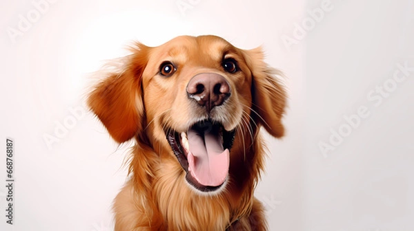 Obraz Happy Golden Retriever dog close-up taken in a studio, isolated on a white background