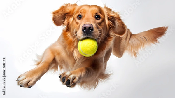 Obraz Isolated studio action shot of a golden retriever catching a tennis ball in mid-air