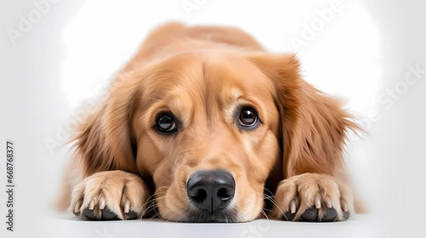 Obraz Golden Retriever dog lying down facing camera looking a little sad - isolated studio shot