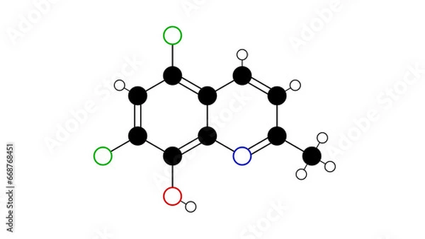 Fototapeta chlorquinaldol molecule, structural chemical formula, ball-and-stick model, isolated image antimicrobial