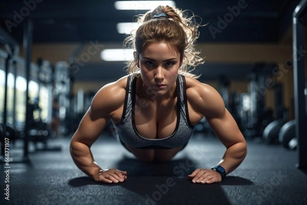 Fototapeta Young athletic woman doing push-ups in the gym