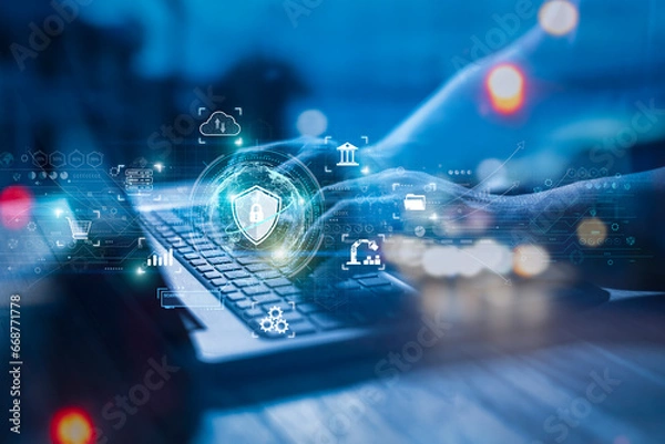 Fototapeta Businessmen using laptops, and show digital padlocks with data protection, user's personal information security, User privacy security and encryption, Cybersecurity network Data protection concept.