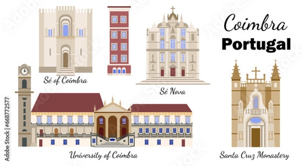 Fototapeta Set with the Sights of Coimbra University Campus in Portugal. Architectural sights and symbols of Coimbra, flat-style illustration, for banners, souvenir cards, printing on mugs and plates.