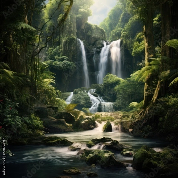 Fototapeta Lush forest frames cascading waterfall.