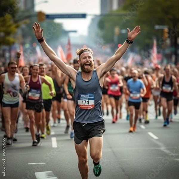 Fototapeta Marathon runner triumphantly crosses finish line with arms raised.