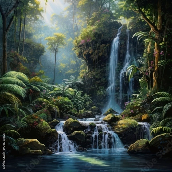 Fototapeta Encompassing serenity: Vibrant rainforest, waterfall essence captured.