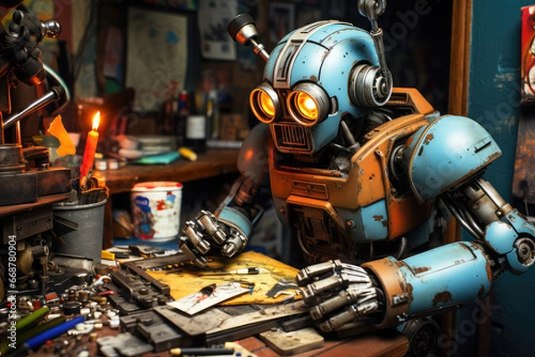 Obraz An AI Robot's Journey into the Realm of Artistic Endeavors - Generative AI