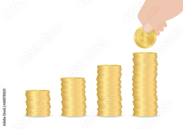 Fototapeta Stack of Coin. Hand Putting Coin on Coin Stack to Grow Money. Saving and Investment Concept. Vector Illustration.