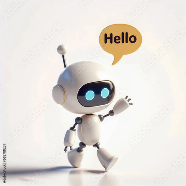 Fototapeta ai chatbot assistant, mascot. 3d cartoon robot with a chat bubble, generative ai