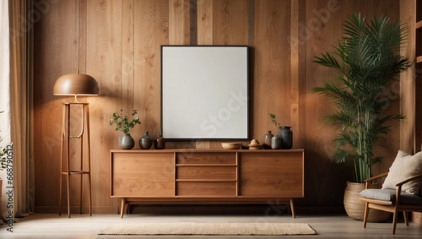 Fototapeta A rustic wooden cabinet stands next to a wall with an empty picture frame for your content. This is part of the interior design in a contemporary living room
