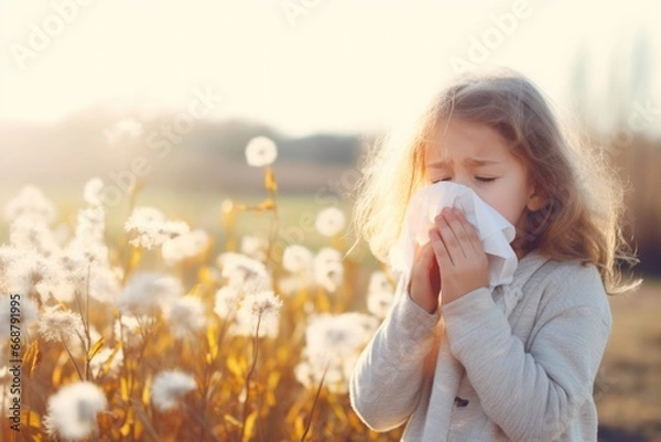 Fototapeta Photo of a sneezing child. Allergy, virus, cold