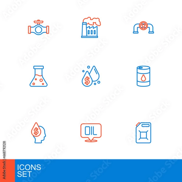 Fototapeta Set line Canister for gasoline, Word oil, Oil drop with dollar symbol, Barrel, petrol test tube, pipe valve and and industrial factory icon. Vector