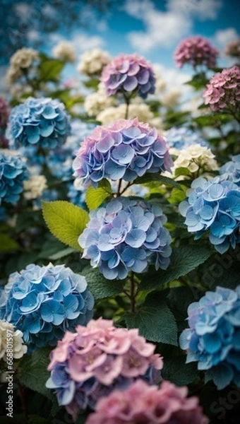 Obraz Elegant Pink, Light Purple, and Light Blue Hydrangea Flower in Full Bloom 