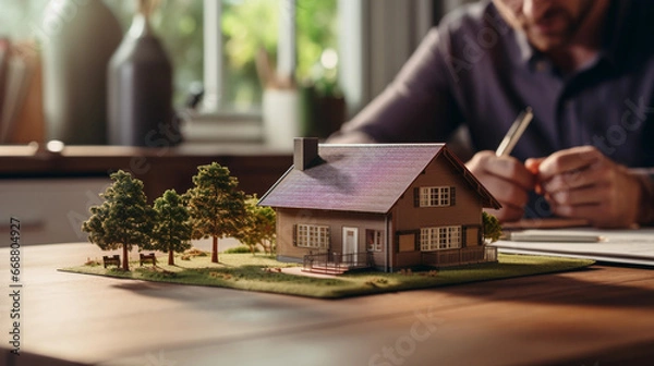 Fototapeta House model and contract, agent and customers discussing to buy or build a house, mortgage, real estate, house keys