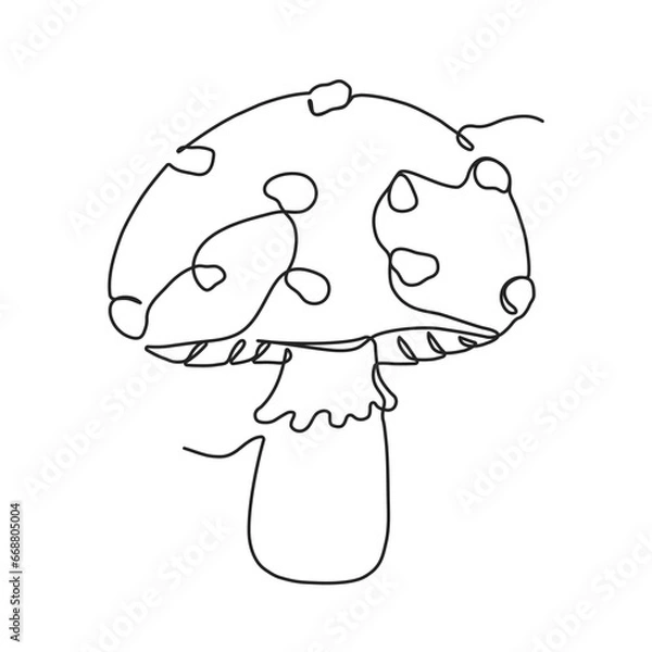 Fototapeta Continuous one line drawing of mushroom. Hand drawn amanita in linear style. Vector illustration, png on transparent background