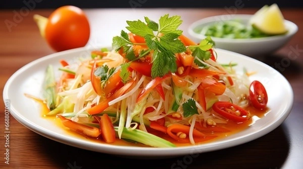 Obraz Thai papaya salad on a white plate Generate AI