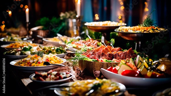 Obraz Catering plate. Assortment of snacks on the buffet table. AI generated