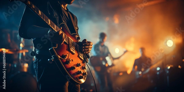 Fototapeta Music band group perform on a concert stage