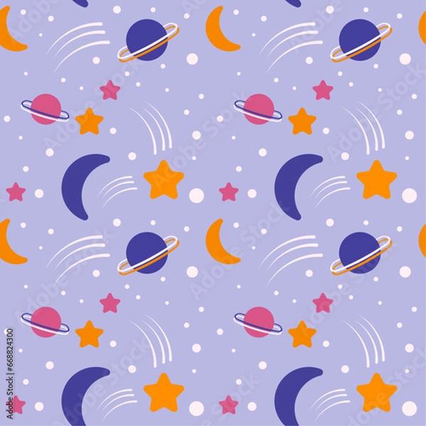 Obraz Seamless pattern for wallpaper, textile, clothing, mug, plate, bedroom, bed linen, carpet, notepad. Moon, stars, starry sky, planets, space vector