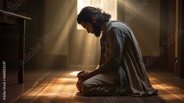 Fototapeta An ancient Middle Eastern man kneels in prayer in his religious home. Created using Generative AI technology.