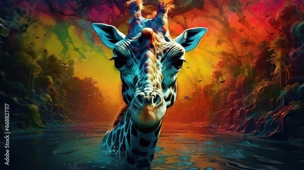 Fototapeta  a painting of a giraffe standing in a body of water.  generative ai
