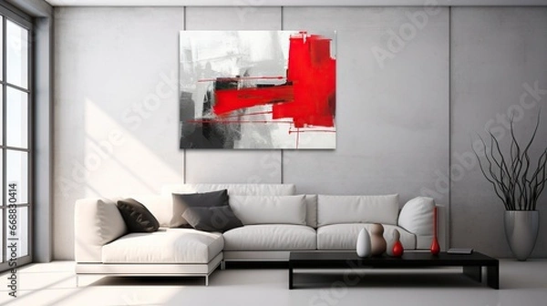 Fototapeta  a living room with a white couch and a painting on the wall.  generative ai