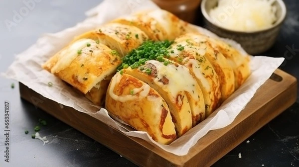Fototapeta Baked potatoes with cheese and herbs on a wooden board. Selective focus.