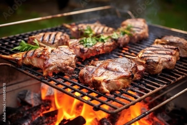 Obraz grilling lamb chops on an open-air, charcoal barbeque