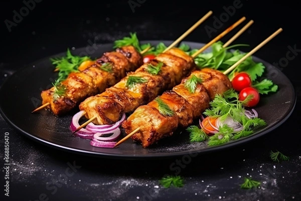 Obraz Catfish Kebab, Skewered Fish with Vegetables on a Dark Background - Created with generative AI tools