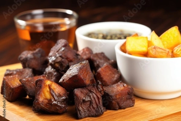 Fototapeta bite-sized burnt ends alongside potato wedges
