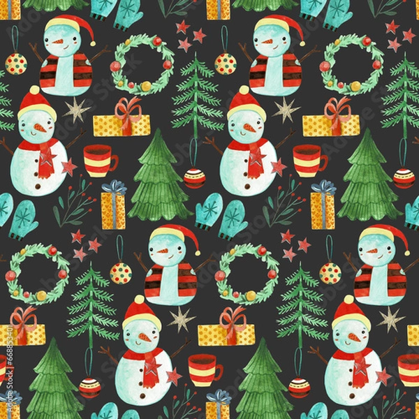Obraz Watercolor illustration with snowmen, pattern