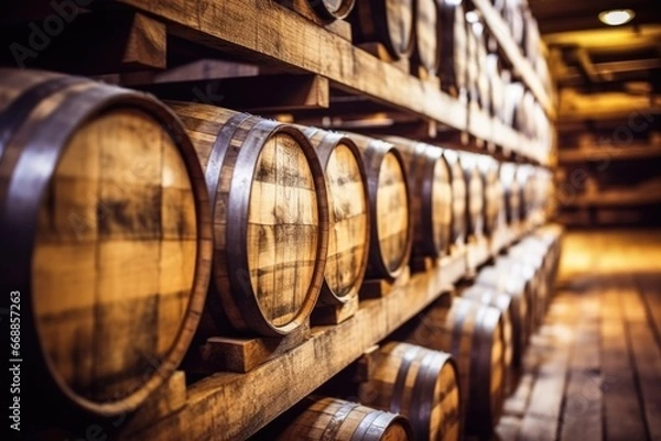 Obraz close-up shot of bourbon aging barrels stacked in a cellar