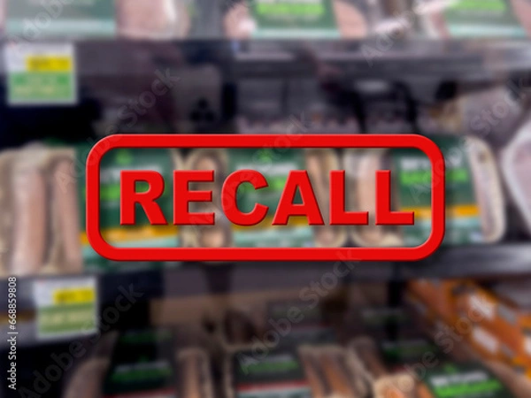 Fototapeta Blurred background of vegetarian meat products for sale with the red text Recall in the foreground
