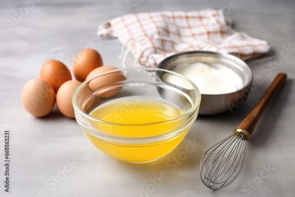 Fototapeta bowl of raw eggs next to a whisk on a kitchen counter