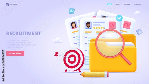 Fototapeta Recruitment, search employees online, hiring process, human resource management. 3d design concept for landing page. Three dimensional vector illustration for website, print, banner