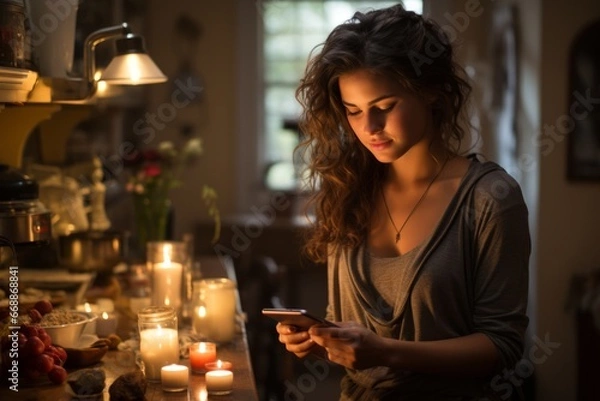 Fototapeta Portrait of a beautiful girl using a smartphone while sitting at home, her face illuminated by the light of the screen. A cute woman smiles and browses the Internet.