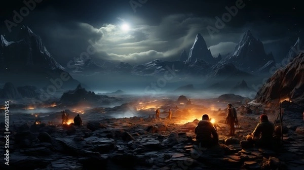Fototapeta Astronauts on the moon, exploration of new planets, colonization of new lands. Mission to study life in space. Alien life
