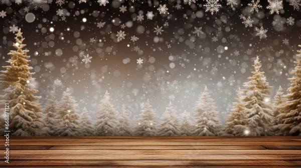 Fototapeta Christmas background with snowy fir trees and snowflakes.