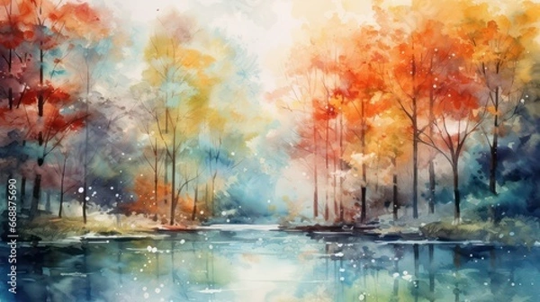 Obraz Attractive watercolor depiction of a stunning natural landscape, with abundant greenery, flowing rivers, vibrant colors, during the morning and evening, when the sun shines, suitable for wall art