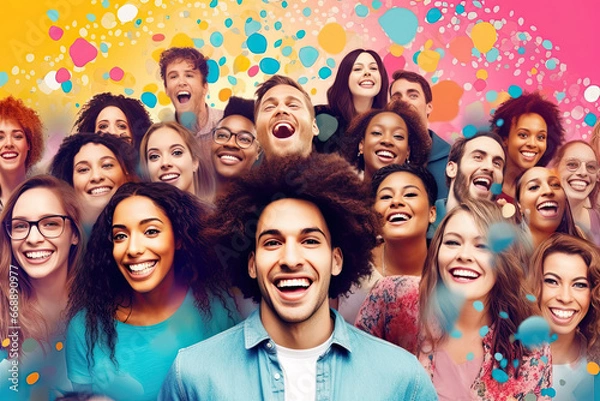 Fototapeta Collage of many happy smiling positive multicultural people on an abstract colorful background