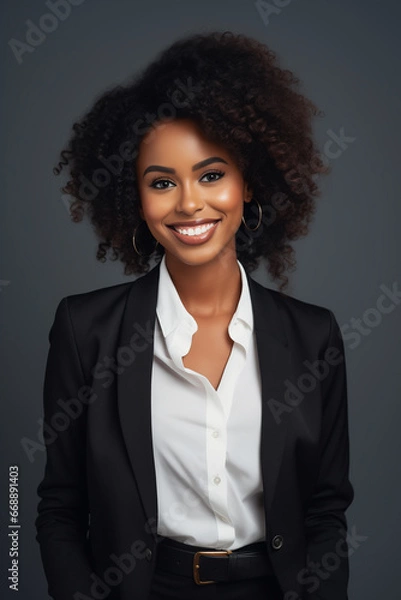 Fototapeta Beautiful black-skinned business woman, smiling, pretty, charming, office worker, positive, well-proportioned, delicate face, facing the public. gradient gray background, soft lights