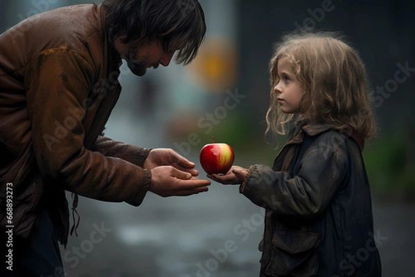 Fototapeta "In a heartwarming act of kindness, a compassionate young girl extends a ripe apple to a homeless man, her face illuminated by the glow of empathy