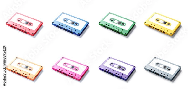 Fototapeta 3D Illustration. Colored cassette tape mockup isolated on white background