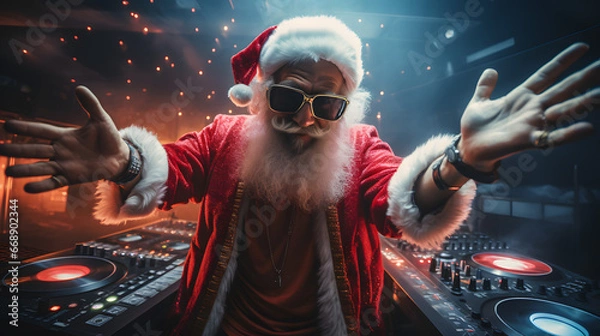 Obraz Santa Claus as DJ at a Christmas party in dance club in funky pose at the console