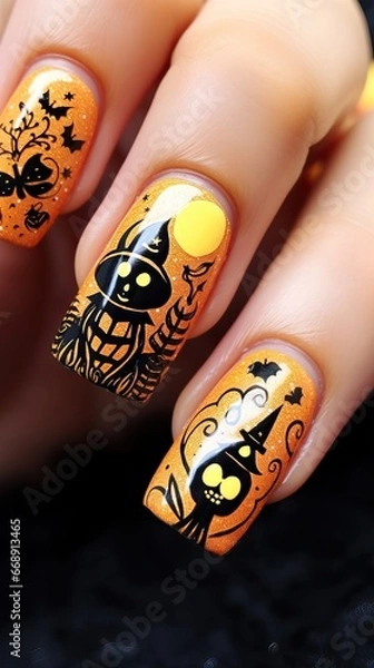 Fototapeta Nail Art Halloween themed with a simple Orange base and Black drawings on top in the style of Halloween Pumpkins and Witch's Hats.