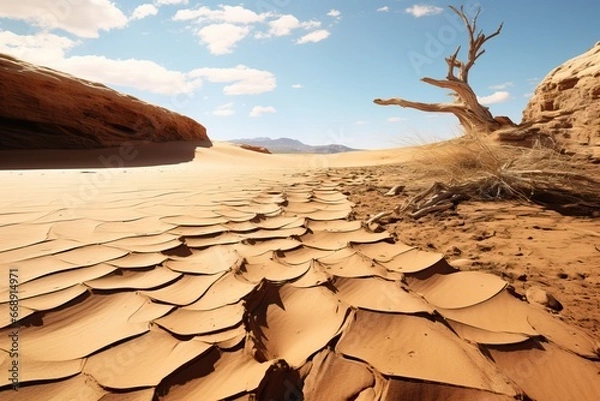 Obraz Amazing Desert during Midday. Sahara in a Windy Summer Day. Drought Ground, Huge Cracks.