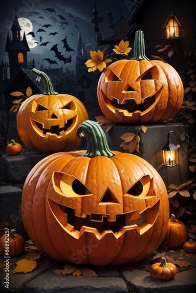 Fototapeta calabazas felices de halloween estilo cartoon para libro de colorear, sin escalas de grises.
