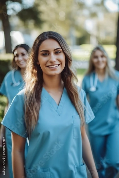 Fototapeta smiling nurse in blue scrubs looking at camera while her colleagues standing in background
