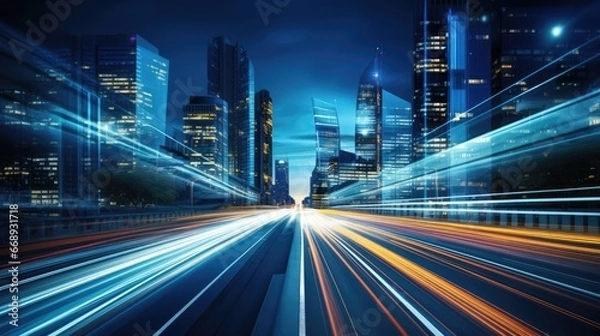 Fototapeta Light trails on the modern building background. Light trails at night in urban environment, Abstract Motion Blur City, traffic, transportation, street, road, speed